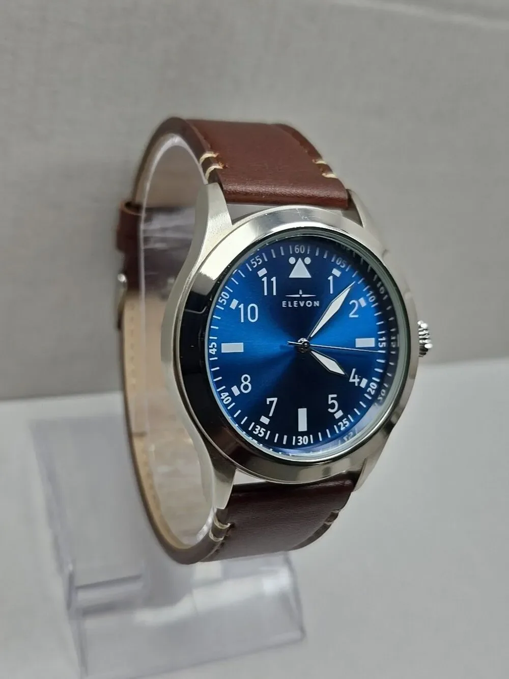 Elevon Hanson Blue Dial Pilot Watch Brown Leather Strap New Battery 42mm